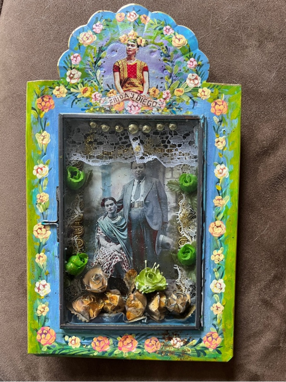 Hand-Painted Mexican Retablo Tin Nicho Frida Kahlo